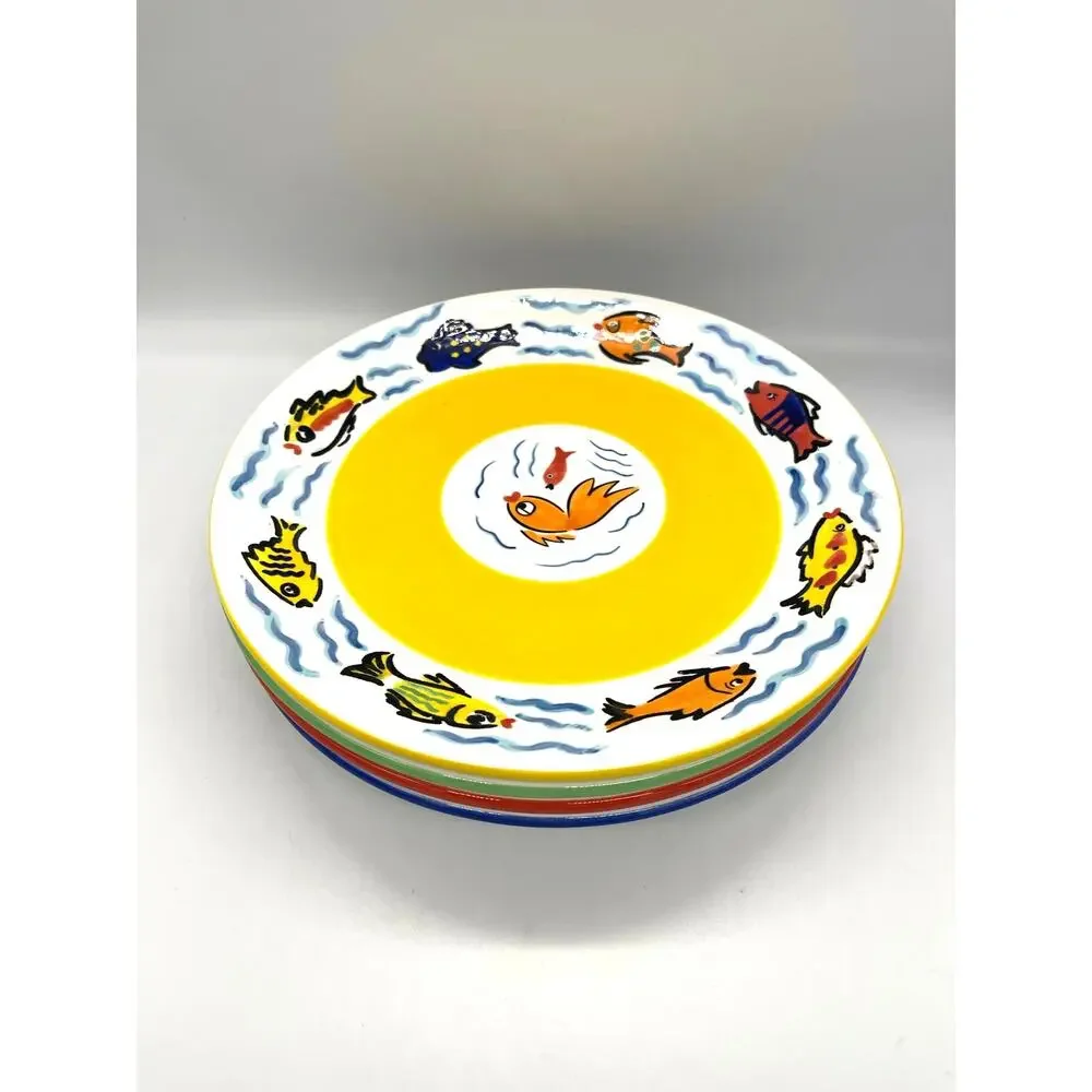 Les Tropiques by Strata Group Set of 4 Dinner Plates Hand Painted Tropical Fish